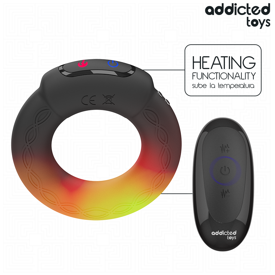 Anel peniano vibrante Addicted Toys com efeito de aquecimento e controle remoto para prazer de casais.