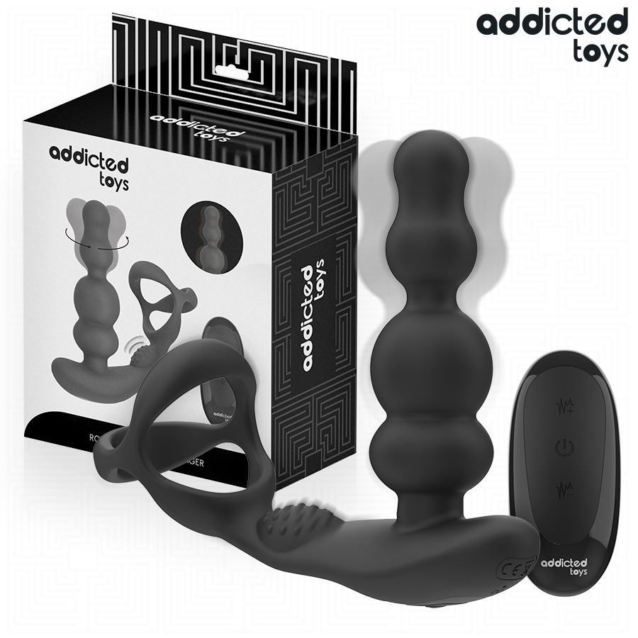 Close-up do Addicted Toys Massageador de Próstata Rotativo, destacando seu design ergonômico e controle remoto.