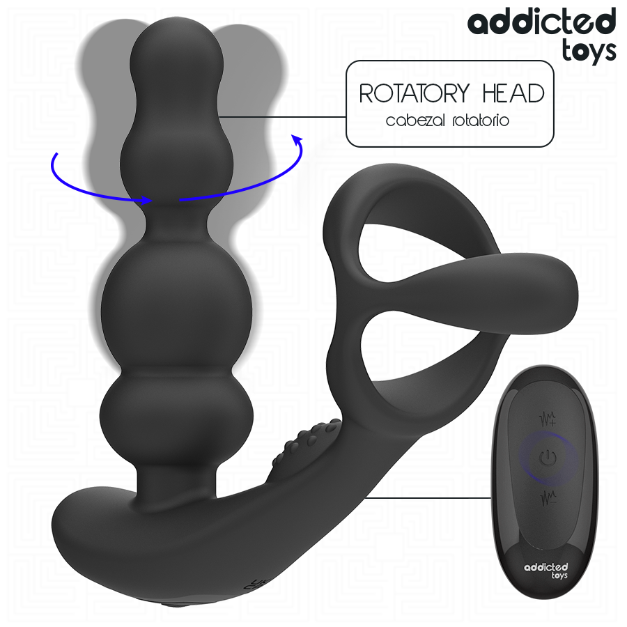 Close-up do Addicted Toys Massageador de Próstata Rotativo, destacando seu design ergonômico e controle remoto.