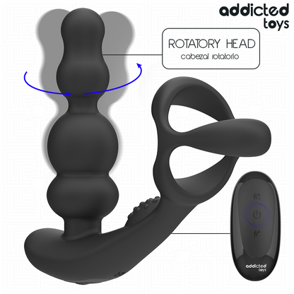 Close-up do Addicted Toys Massageador de Próstata Rotativo, destacando seu design ergonômico e controle remoto.