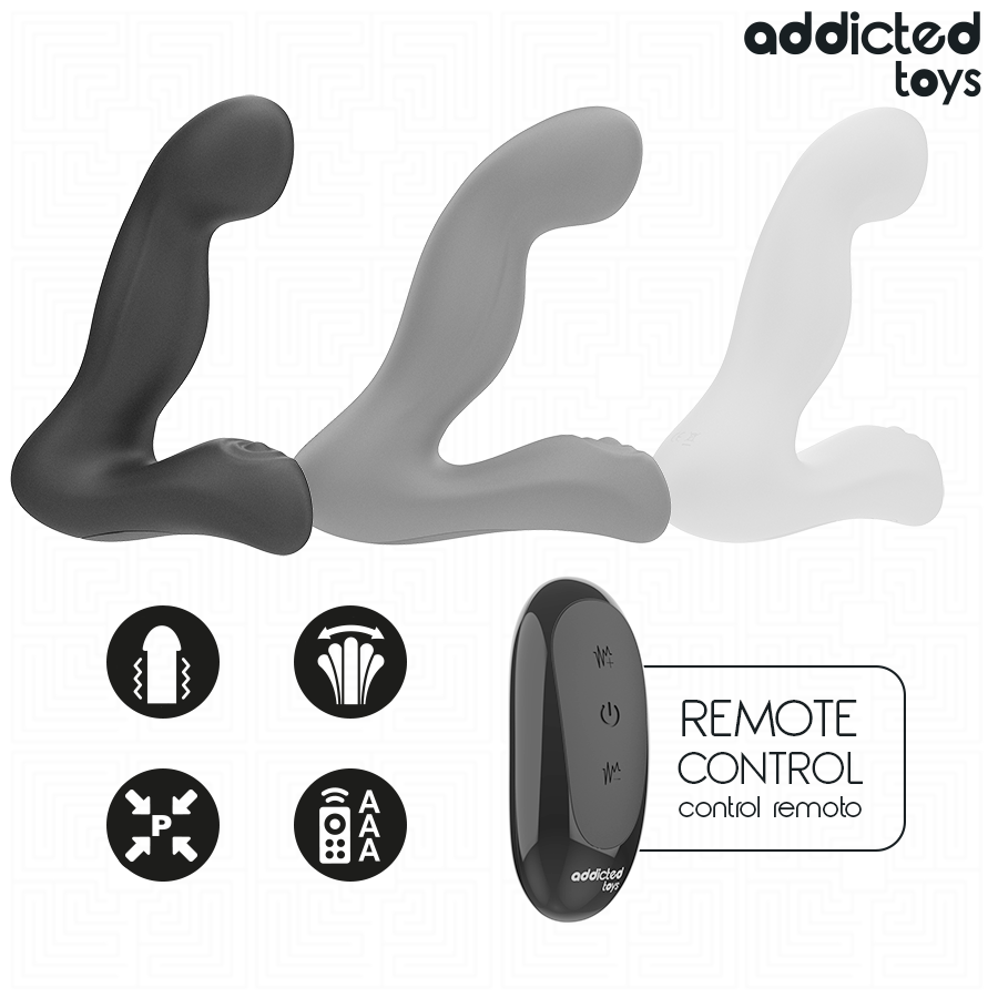Close-up do Addicted Toys Massageador de Próstata Oscilante, mostrando o design ergonómico e controlo remoto.