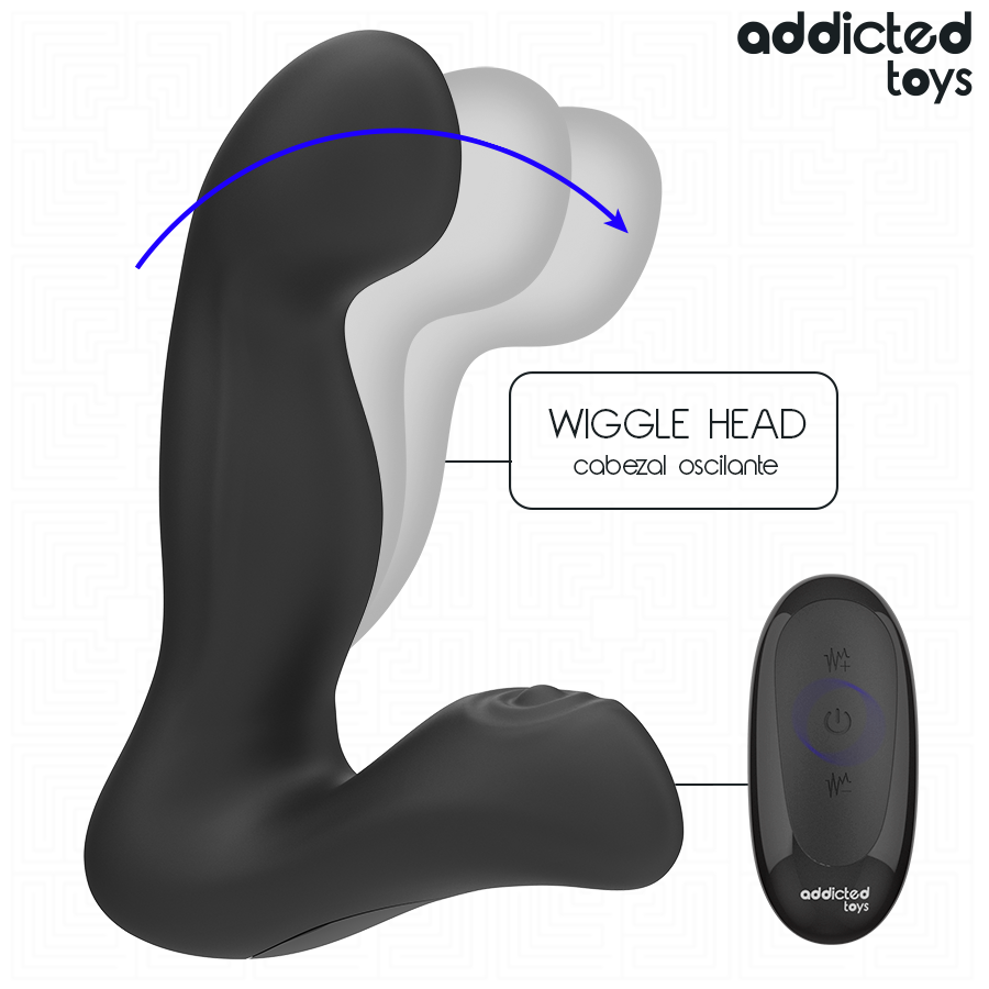 Close-up do Addicted Toys Massageador de Próstata Oscilante, mostrando o design ergonómico e controlo remoto.