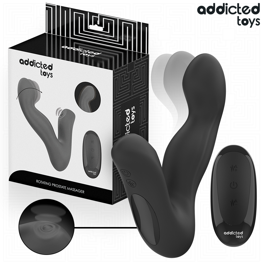 Close-up do Addicted Toys Massageador de Próstata Oscilante, mostrando o design ergonómico e controlo remoto.