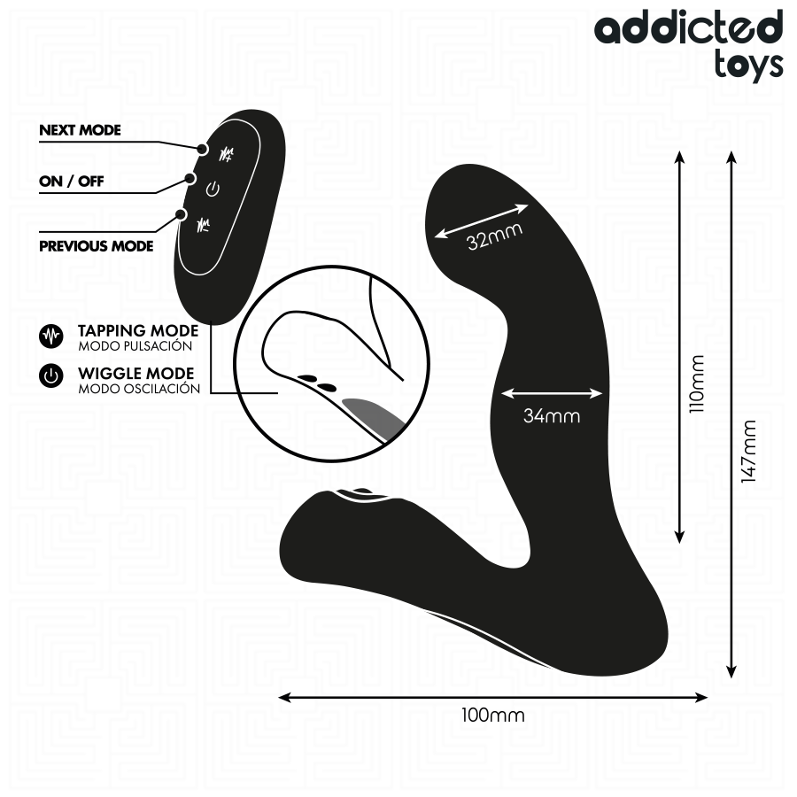 Close-up do Addicted Toys Massageador de Próstata Oscilante, mostrando o design ergonómico e controlo remoto.