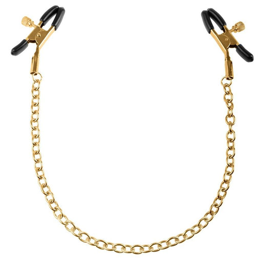 Detalhe das Pinças de Mamilos Ajustáveis FETISH FANTASY GOLD com corrente, destacando os clipes e borracha protetora.