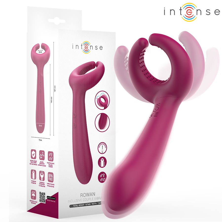 Close-up do Intense Vibrador de Casal Rowan Inclusivo, destacando seu design ergonómico e material de silicone macio.