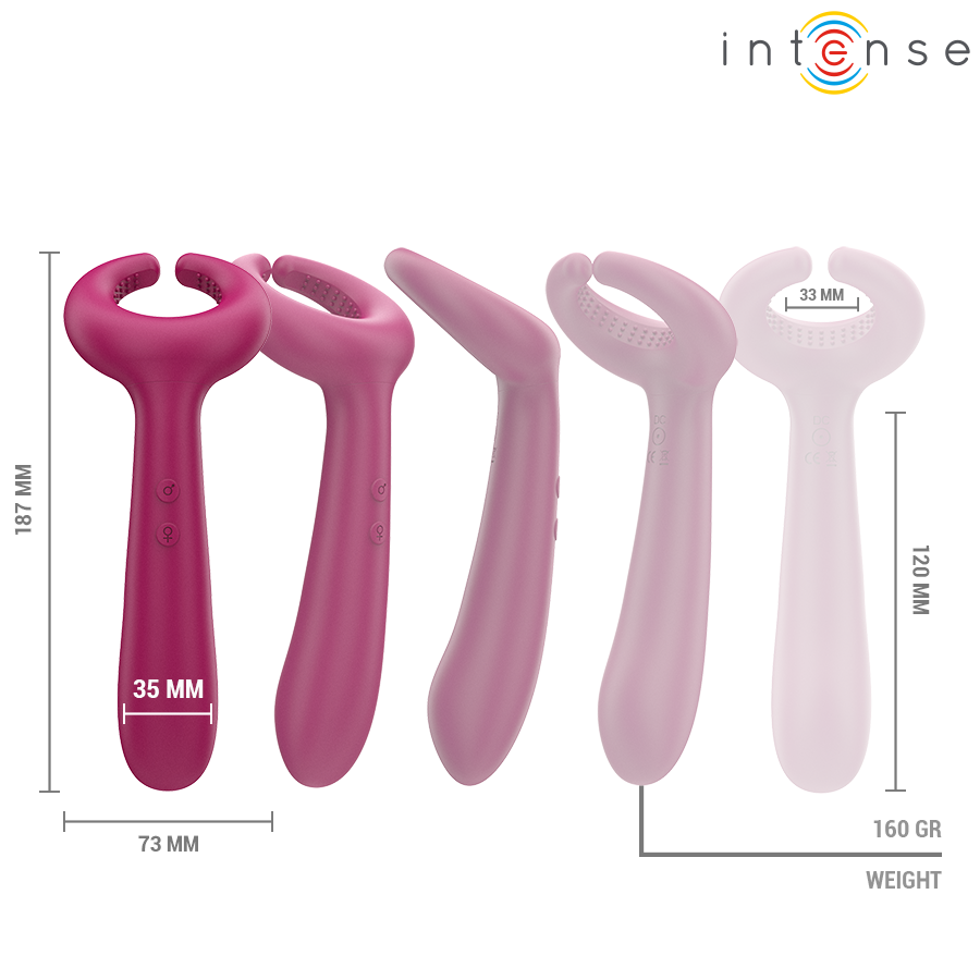 Close-up do Intense Vibrador de Casal Rowan Inclusivo, destacando seu design ergonómico e material de silicone macio.