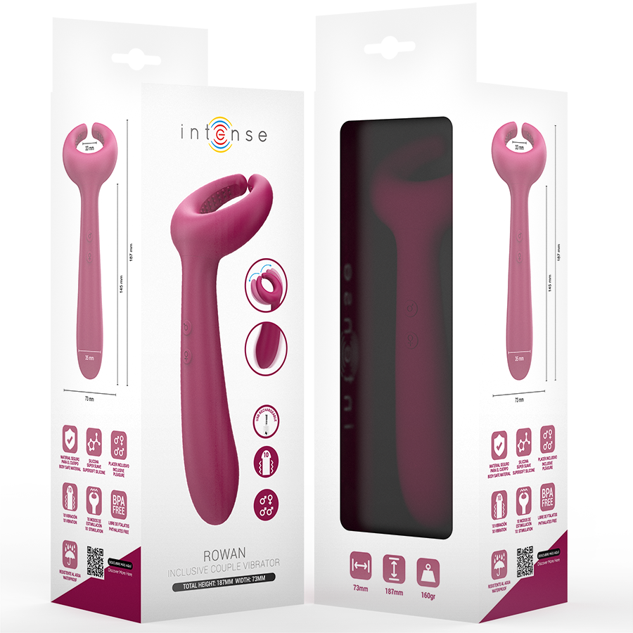 Close-up do Intense Vibrador de Casal Rowan Inclusivo, destacando seu design ergonómico e material de silicone macio.