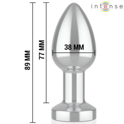 INTENSE Plug Anal Vibrante de Metal com LED e Controle Remoto - M, destacando seu design elegante e luzes coloridas.