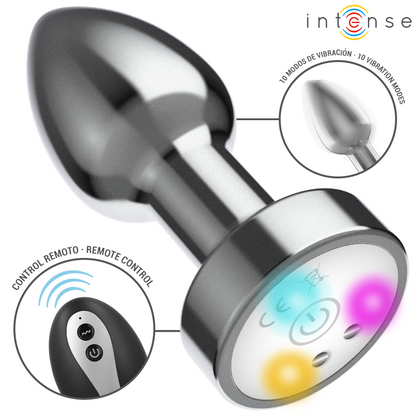 INTENSE Plug Anal Vibrante de Metal com LED e Controle Remoto - M, destacando seu design elegante e luzes coloridas.