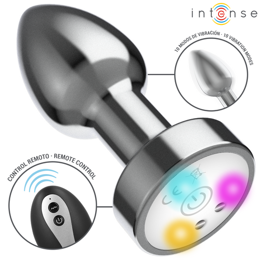 INTENSE Plug Anal Vibrante de Metal com LED e Controle Remoto - M, destacando seu design elegante e luzes coloridas.