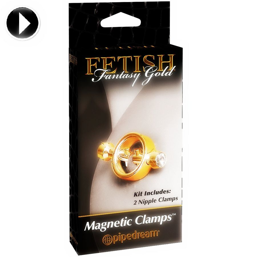 Close-up dos Grampos Magnéticos para Mamilos FETISH FANTASY GOLD, destacando o design luxuoso e acabamento metálico.