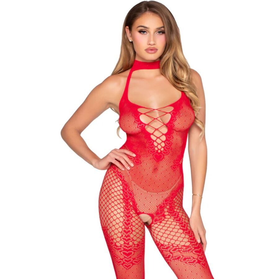 Bodystocking Leg Avenue Sem Fundo Vermelho com detalhes em coração e malha de bolinhas