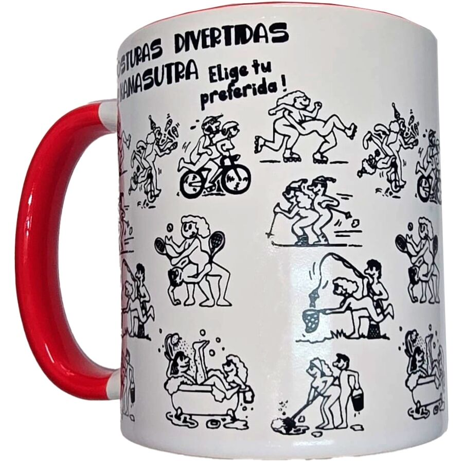 Caneca Kamasutra Positions Branca com Alça Vermelha 370 ml