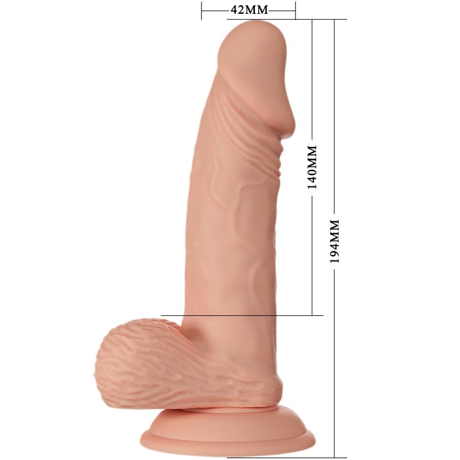 Close-up do Dildo Realista Flexível BAILE 19,4 cm mostrando sua textura, veias e base de sucção.