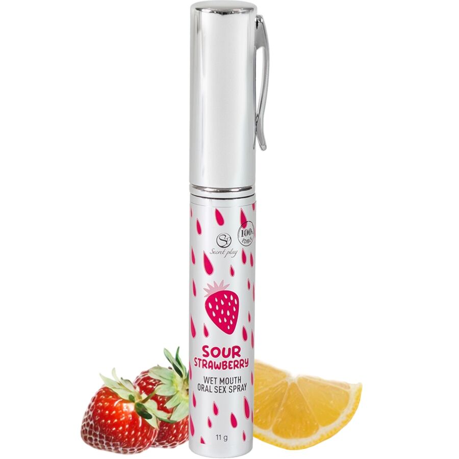 Embalagem do spray para sexo oral Secretplay Sabor Morango Azedo.