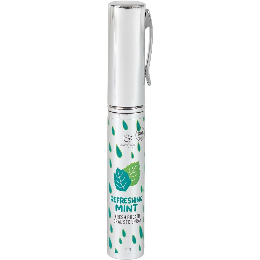 Spray refrescante de hortelã SECRETPLAY para hálito fresco e sexo oral, mostrando o frasco e a aplicação.