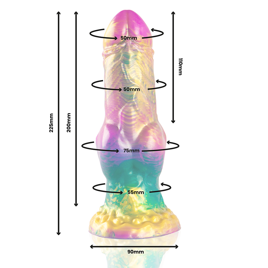 Close-up of the EPIC CYBERSILICOCK Iris Dildo with Rainbow Testicles, showing its unique design and silicone texture.