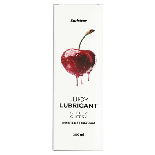 Satisfyer Lubrificante à Base de Água Juicy Cheeky Cherry 300ml, com embalagem e destaque para o aroma frutado de cereja.