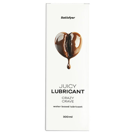 Detalhe do Lubrificante Satisfyer Juicy Crazy Crave Café 300 ML, mostrando a embalagem e a textura do gel.