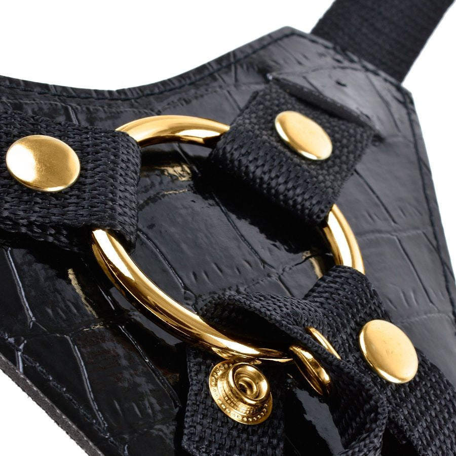 FETISH FANTASY GOLD Strap-On Designer Dildo, mostrando o arnês e a textura realista