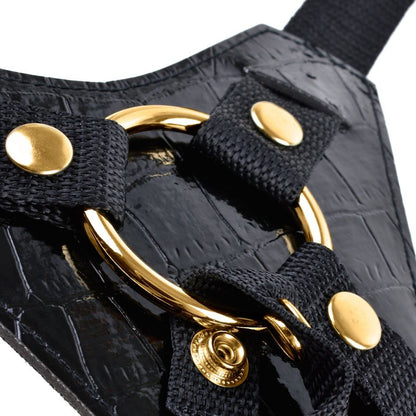 FETISH FANTASY GOLD Strap-On Designer Dildo, mostrando o arnês e a textura realista