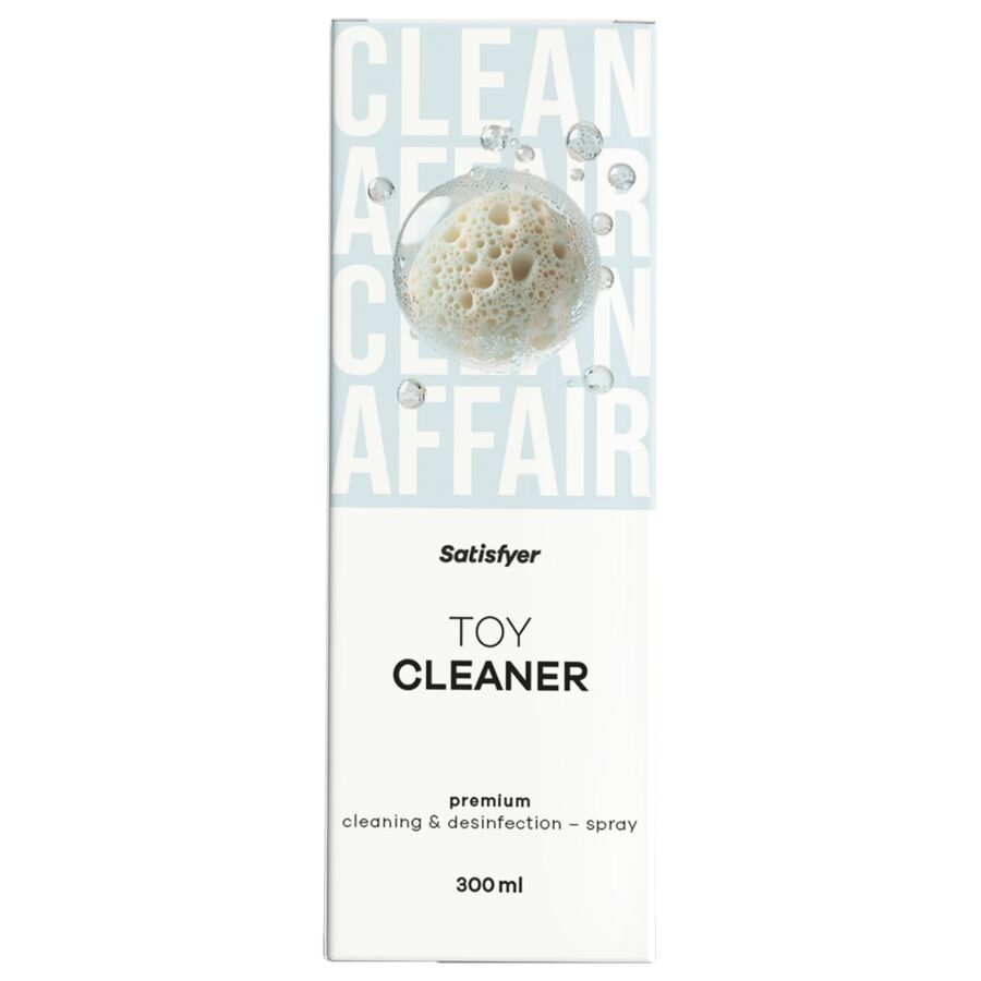 Satisfyer Spray Premium para Limpeza e Desinfecção de Brinquedos 300ml, mostrando a embalagem e detalhes do produto.