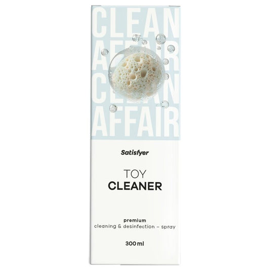 Satisfyer Spray Premium para Limpeza e Desinfecção de Brinquedos 300ml, mostrando a embalagem e detalhes do produto.