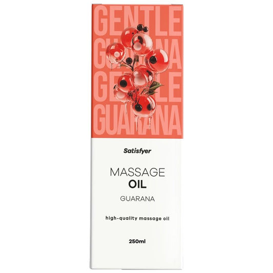 Frasco de Óleo de Massagem Satisfyer Guaraná 250 ML, mostrando a embalagem e a cor do óleo.