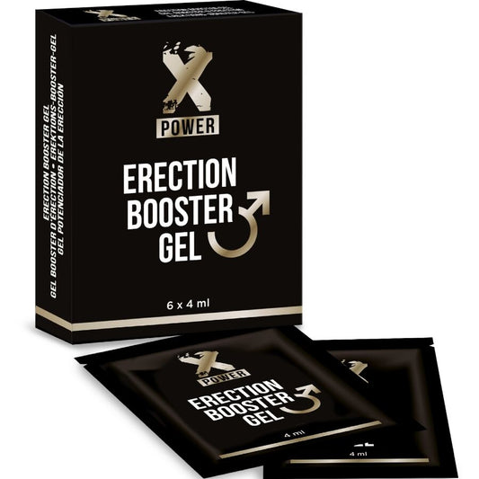 Embalagem do XPOWER Gel Aumentador de Ereção Rápida 6 x 4ml, mostrando as saquetas individuais do produto.