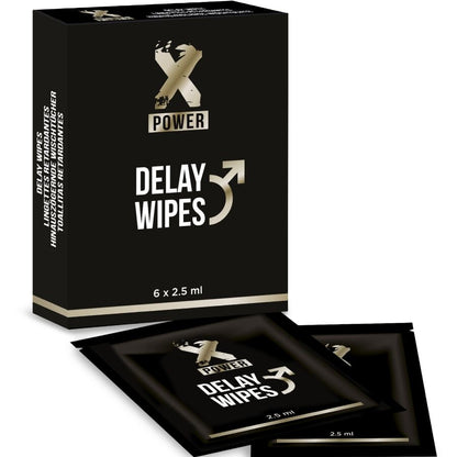 X POWER Delay Wipes, embalagem com 6 unidades para controlo da ejaculação e prazer prolongado.