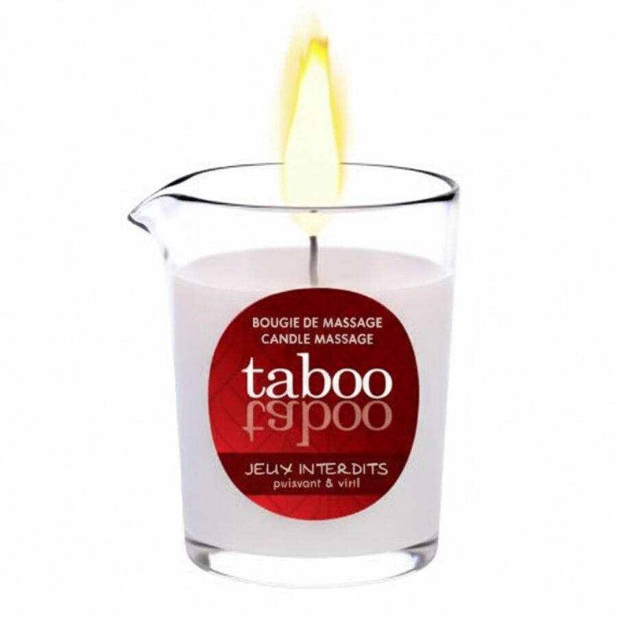 Close-up da Vela de Massagem Taboo RUF para Ele 60g com aroma de líquen selvagem, mostrando o recipiente de vidro e a cera derretida.