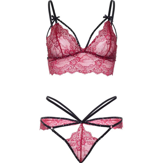 Close-up of the LEG AVENUE Conjunto Sutiã + Calcinha Fio Dental Renda Vinho Tamanho S, highlighting its lace detail and strap design.