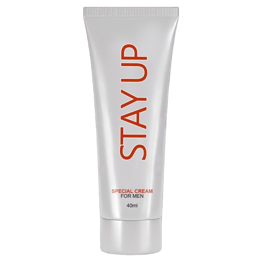 Embalagem do creme retardante RUF Stay Up 40ml com ação refrescante.