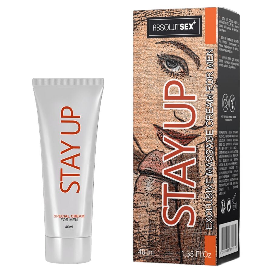 Embalagem do creme retardante RUF Stay Up 40ml com ação refrescante.