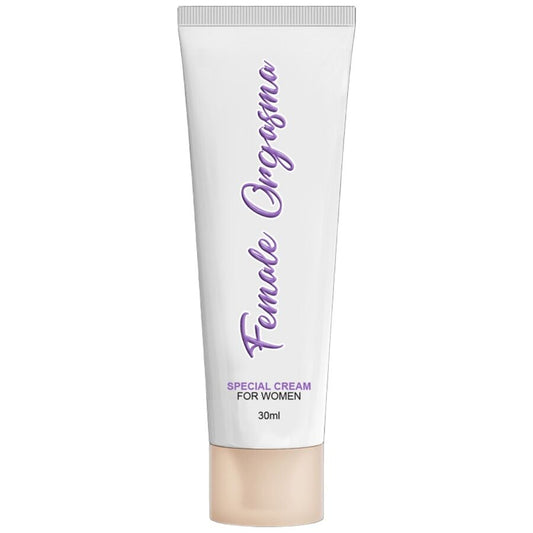 Close-up do RUF Creme Estimulante de Orgasmo Feminino Para Ela 30 ML, detalhando a embalagem e a textura do creme.