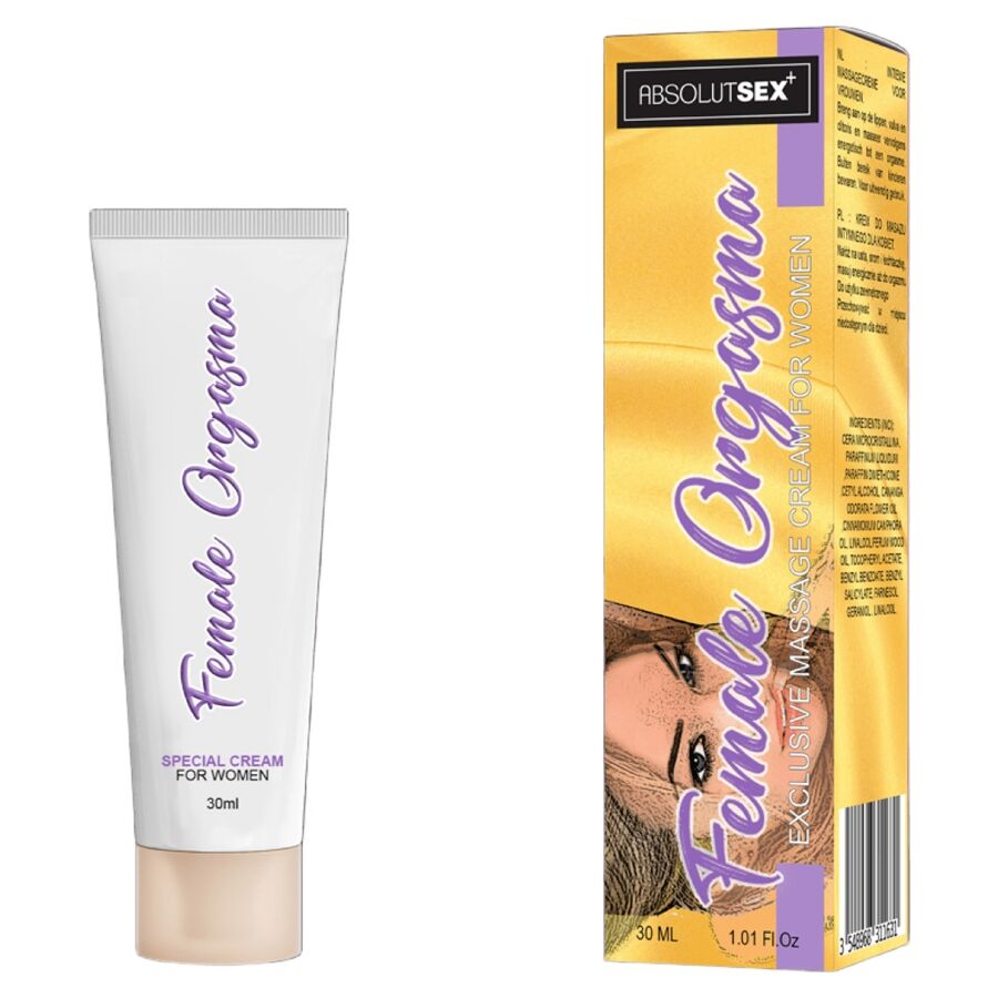Close-up do RUF Creme Estimulante de Orgasmo Feminino Para Ela 30 ML, detalhando a embalagem e a textura do creme.