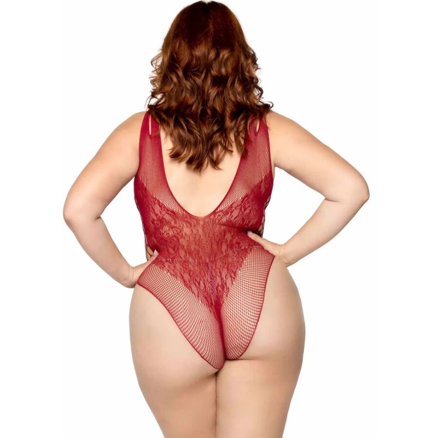 Body sem costura Leg Avenue Borgonha Plus Size 1X/2X em tule e renda