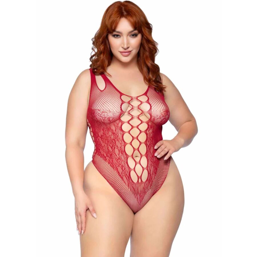 Body sem costura Leg Avenue Borgonha Plus Size 1X/2X em tule e renda