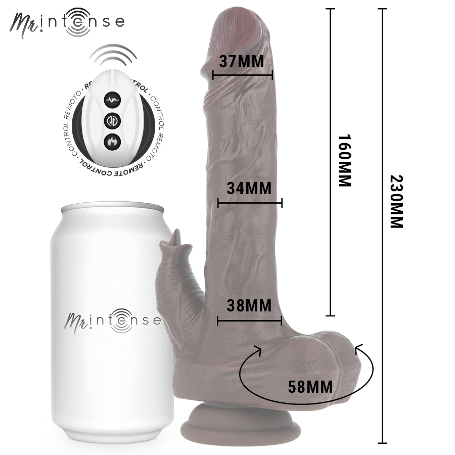 Close-up do Vibrador Pênis Realista MR INTENSE Morgan com Controle Remoto, destacando sua textura e movimento.