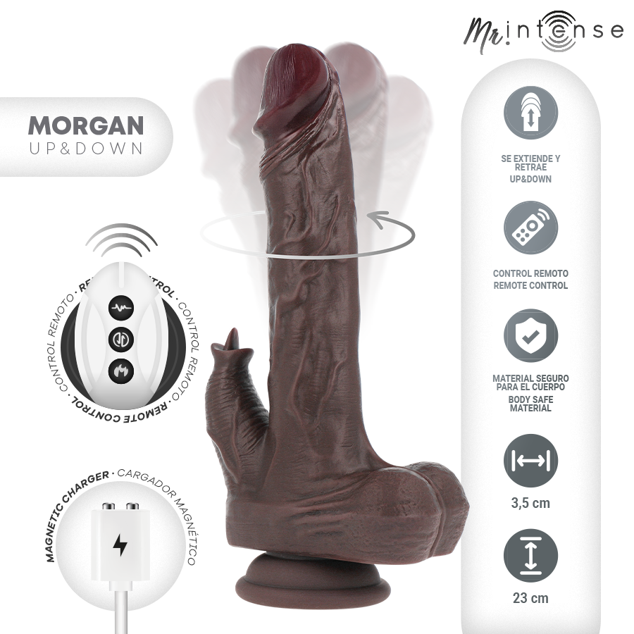 Close-up do Vibrador Pênis Realista MR INTENSE Morgan com Controle Remoto, destacando sua textura e movimento.