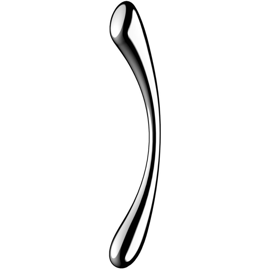 Close-up do Dildo Satisfyer Cosmic Crest 1 de aço inoxidável com dupla extremidade, mostrando o design elegante e acabamento metálico.