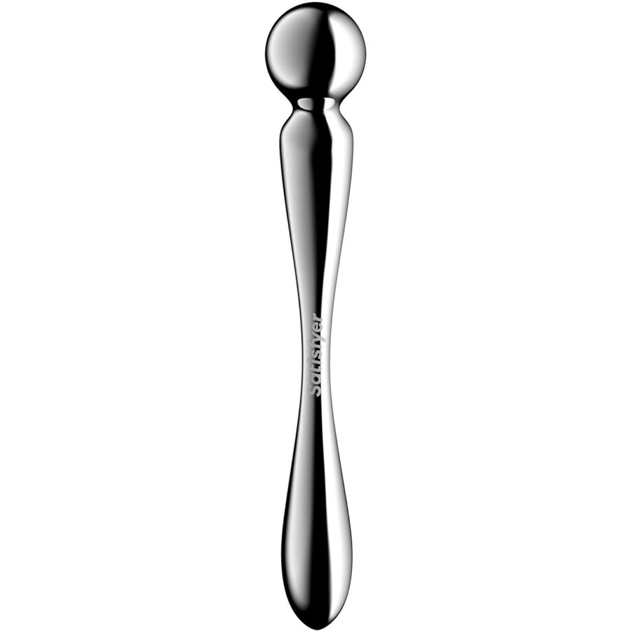 Dildo Satisfyer Star Force 2 de aço inoxidável com design esférico e dupla ponta para prazer intenso e brincadeiras de temperatura.