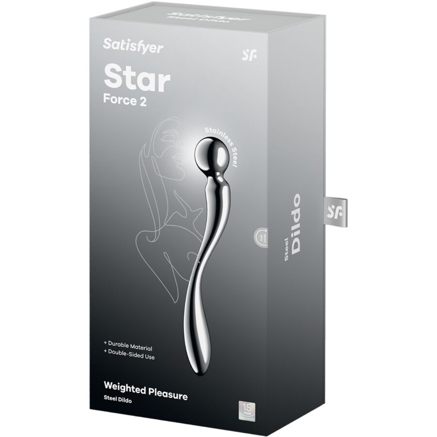 Dildo Satisfyer Star Force 2 de aço inoxidável com design esférico e dupla ponta para prazer intenso e brincadeiras de temperatura.