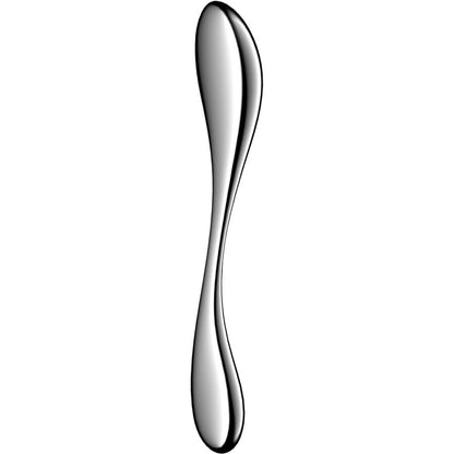 Close-up do Dildo Satisfyer Star Force 3 em aço inoxidável com duas extremidades para sensações térmicas.