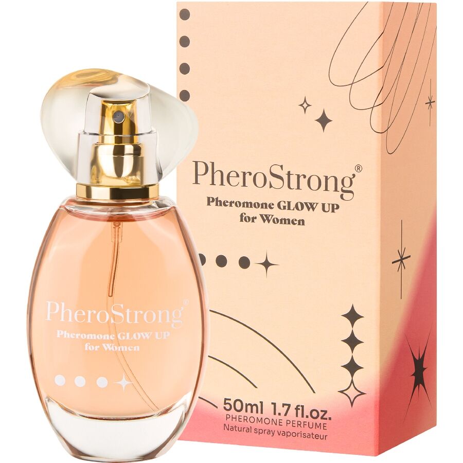 Frasco de PheroStrong Perfume de Feromônios Glow Up para Mulheres 50 ML, exibindo o design do produto.