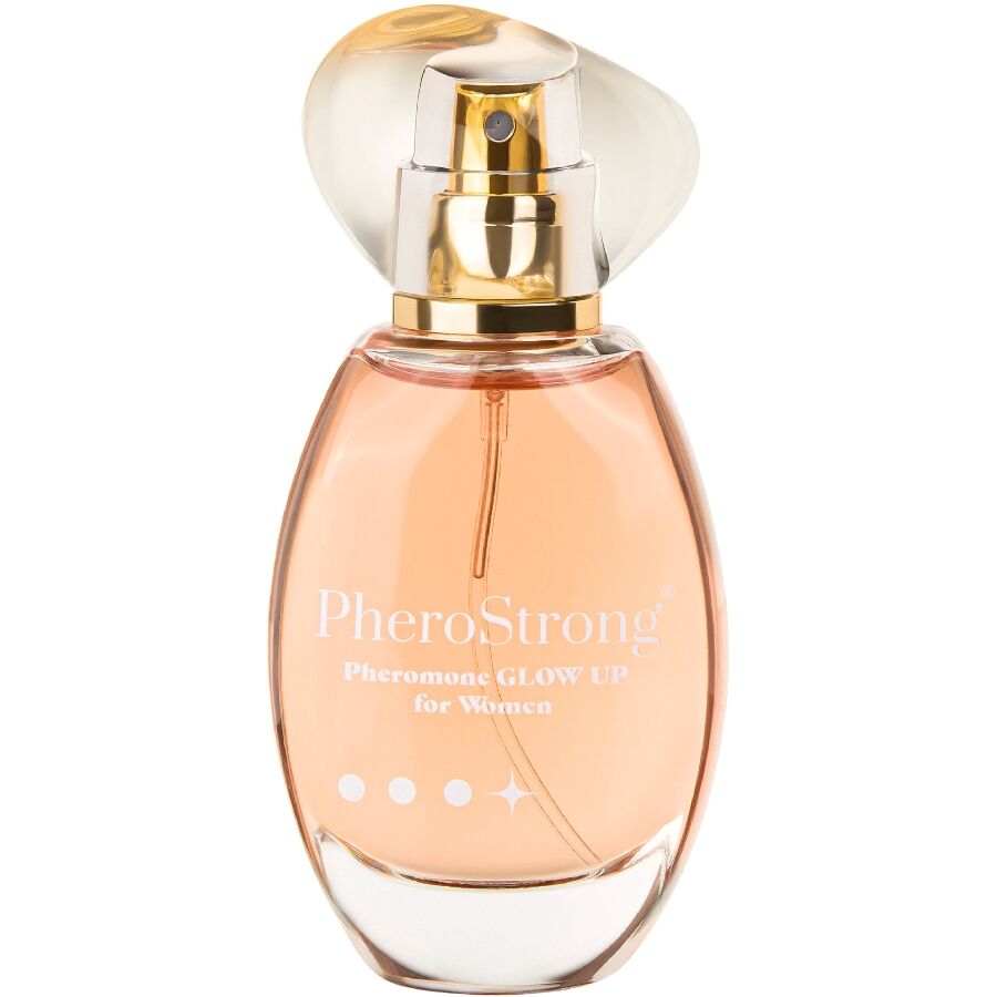 Frasco de PheroStrong Perfume de Feromônios Glow Up para Mulheres 50 ML, exibindo o design do produto.