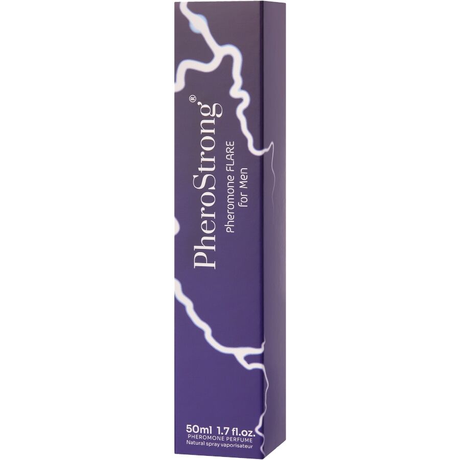 Frasco do perfume PheroStrong Flare Masculino com Feromônios 50 ML, exibindo a embalagem e o design do produto.