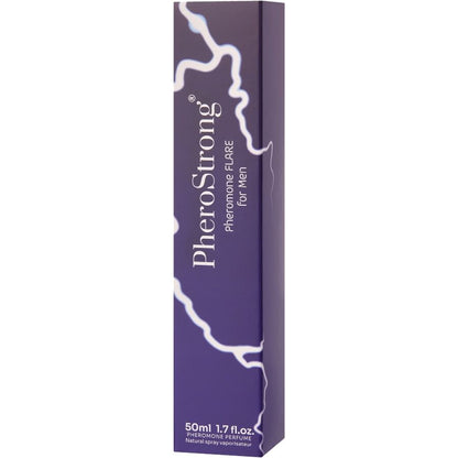 Frasco do perfume PheroStrong Flare Masculino com Feromônios 50 ML, exibindo a embalagem e o design do produto.