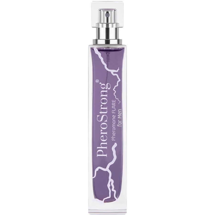 Frasco do perfume PheroStrong Flare Masculino com Feromônios 50 ML, exibindo a embalagem e o design do produto.